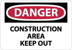NMC - "Danger - Construction Area - Keep Out", 7" Long x 10" Wide, Pressure-Sensitive Vinyl Safety Sign - Rectangle, 0.004" Thick, Use for Security & Admittance - Americas Industrial Supply