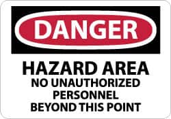 NMC - "Danger - Hazard Area - No Unauthorized Personnel Beyond This Point", 7" Long x 10" Wide, Rigid Plastic Safety Sign - Rectangle, 0.05" Thick, Use for Security & Admittance - Americas Industrial Supply
