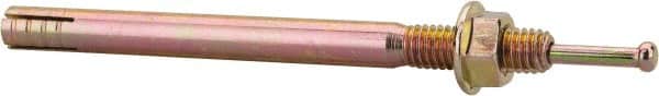 Wej-It - 3/8" Diam, 3/8" Drill, 4-3/4" OAL, 1-1/2" Min Embedment Hammer Drive Concrete Anchor - Grade 5 Iron (Pin)/Steel (Body), Zinc Yellow Dichromate Finish, Hex Nut Head, Hex Drive - Americas Industrial Supply