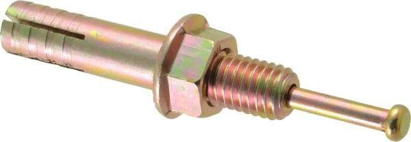 Wej-It - 1/2" Diam, 1/2" Drill, 2-3/4" OAL, 1-3/4" Min Embedment Hammer Drive Concrete Anchor - Grade 5 Iron (Pin)/Steel (Body), Zinc Yellow Dichromate Finish, Hex Nut Head, Hex Drive - Americas Industrial Supply