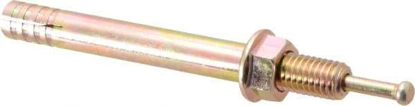 Wej-It - 1/2" Diam, 1/2" Drill, 4-3/4" OAL, 3" Min Embedment Hammer Drive Concrete Anchor - Grade 5 Iron (Pin)/Steel (Body), Zinc Yellow Dichromate Finish, Hex Nut Head, Hex Drive - Americas Industrial Supply