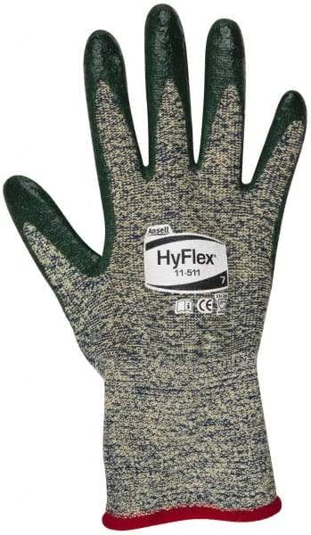 Ansell - Size S (7), ANSI Cut Lvl 4, Abrasion Lvl 3, Nitrile Coated Cut Resistant Gloves - 12" Long, Palm & Fingers Coated, Kevlar Lining, Knit Wrist, Green, Paired - Americas Industrial Supply