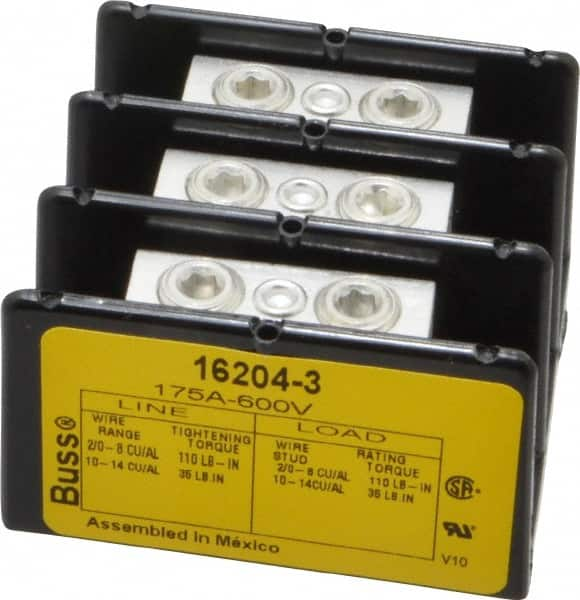 Cooper Bussmann - 3 Poles, 175 Amp, 2/0-8 AWG (Cu/Al) Primary, 2/0-8 AWG (Cu/Al) Secondary, Thermoplastic Power Distribution Block - 600 VAC/VDC, 1 Primary Connection, 5.2 Inch Long x 3.32 Inch Deep x 4 Inch High - Americas Industrial Supply