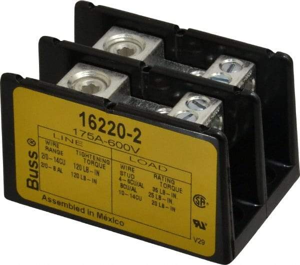 Cooper Bussmann - 2 Poles, 175 Amp, 8-2/0 AWG (Al), 14-2/0 AWG (Cu) Primary, 4-14 AWG (Cu), 4-8 AWG (Al) Secondary, Thermoplastic Power Distribution Block - 600 VAC/VDC, 1 Primary Connection, 3.58 Inch Long x 3.32 Inch Deep x 4 Inch High - Americas Industrial Supply