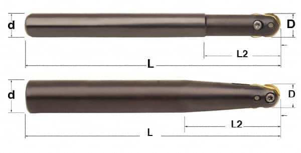 Minicut International - 3/4" Cut Diam, 0.512" Max Depth of Cut, 1" Shank Diam, 9.437" OAL, Indexable Ball Nose End Mill - 3" Head Length, Straight Shank, BNMI Toolholder, BNSI 0750 Insert - Americas Industrial Supply