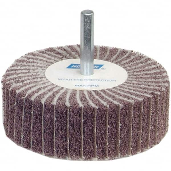 Norton - 2" Diam x 1" Face Width, Medium Ceramic Alumina Nonwoven & Coated Mounted Flap Wheel - 1/4" Shank Mount, 60 Grit, Interleaf, 12,000 Max RPM - Americas Industrial Supply