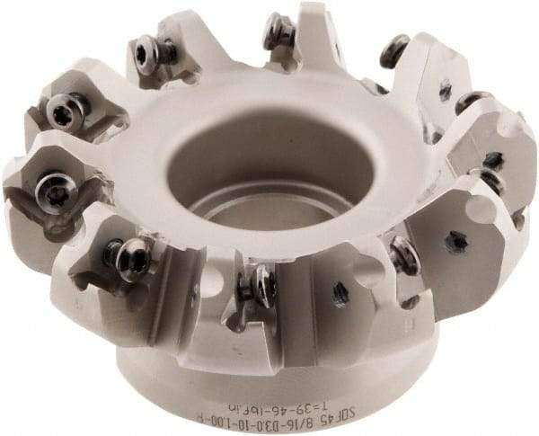 Iscar - 3" Cut Diam, 1" Arbor Hole, 0.138" Max Depth of Cut, 45° Indexable Chamfer & Angle Face Mill - 10 Inserts, ONHU 0505\xB6OXMT 0507\xB6S845 SN.U 1305 Insert, Right Hand Cut, 10 Flutes, Series Helido - Americas Industrial Supply