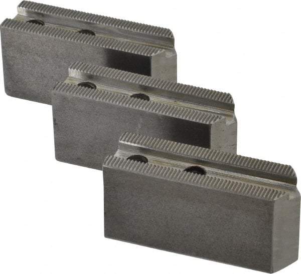 H & R Manufacturing - 1.5mm x 60° Serrated Attachment, Square Soft Lathe Chuck Jaw - 3 Jaws, Steel, 0.969" Btw Mount Hole Ctrs, 3-1/8" Long x 1" Wide x 1-1/2" High, 0.433" Groove, 8mm Fastener - Americas Industrial Supply