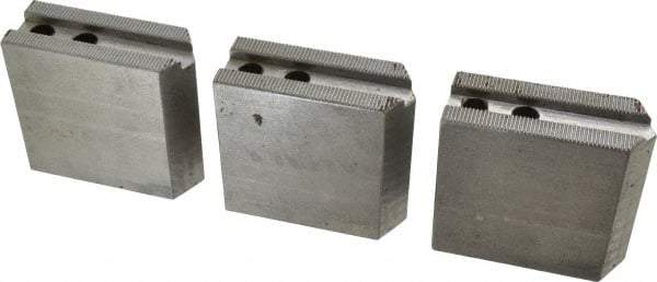 H & R Manufacturing - 1.5mm x 60° Serrated Attachment, Square Soft Lathe Chuck Jaw - 3 Jaws, Steel, 0.787" Btw Mount Hole Ctrs, 3-1/8" Long x 1-1/4" Wide x 3" High, 0.472" Groove, 10mm Fastener - Americas Industrial Supply