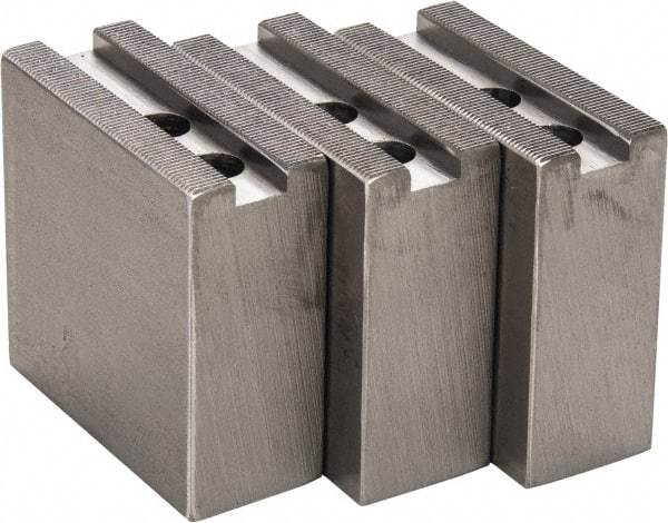H & R Manufacturing - 1.5mm x 60° Serrated Attachment, Square Soft Lathe Chuck Jaw - 3 Jaws, Steel, 1" Btw Mount Hole Ctrs, 3-1/2" Long x 1-1/2" Wide x 3-1/2" High, 0.551" Groove, 12mm Fastener - Americas Industrial Supply