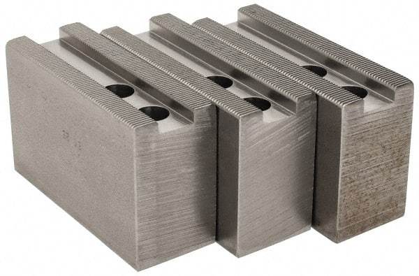 H & R Manufacturing - 1.5mm x 60° Serrated Attachment, Square Soft Lathe Chuck Jaw - 3 Jaws, Steel, 0.984" Btw Mount Hole Ctrs, 4" Long x 1-1/2" Wide x 2-1/2" High, 0.63" Groove, 12mm Fastener - Americas Industrial Supply
