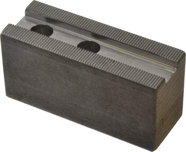 H & R Manufacturing - 1.5mm x 60° Serrated Attachment, Square Soft Lathe Chuck Jaw - 3 Jaws, Steel, 1.266" Btw Mount Hole Ctrs, 4" Long x 1-1/2" Wide x 2" High, 0.63" Groove, 12mm Fastener - Americas Industrial Supply