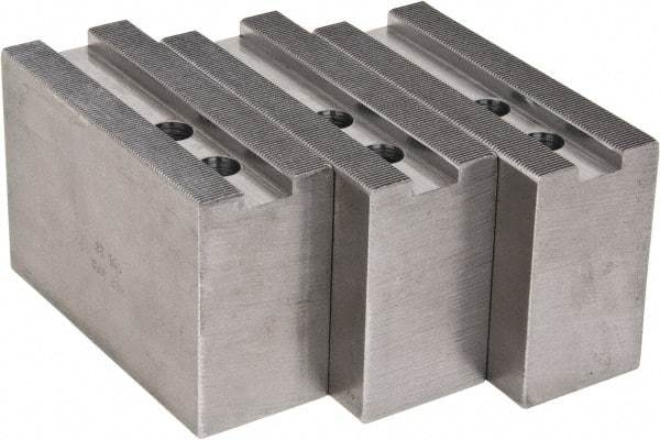 H & R Manufacturing - 1.5mm x 60° Serrated Attachment, Square Soft Lathe Chuck Jaw - 3 Jaws, Steel, 1.181" Btw Mount Hole Ctrs, 5-1/4" Long x 2" Wide x 3-1/2" High, 0.71" Groove, 12mm Fastener - Americas Industrial Supply