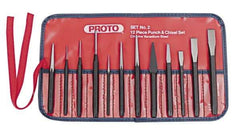 Proto - 12 Piece Punch & Chisel Set - 13/64 to 1/2" Chisel, 3/8 to 3/16" Punch, Round Shank - Americas Industrial Supply