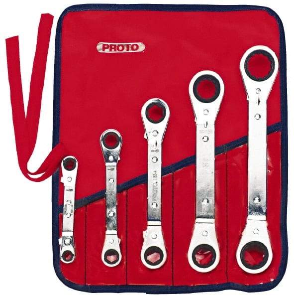 Proto - 5 Piece, 1/4 x 5/16 to 3/4 x 7/8", 6 & 12 Point, Ratcheting Box Wrench Set - Inch System of Measurement, Full Polish Finish, Comes in Nylon Roll - Americas Industrial Supply