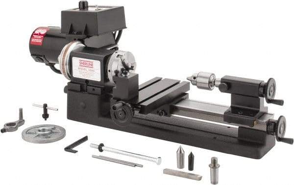 Sherline - 3-1/2" Swing, 8" Between Centers, 100/240 Volt, Single Phase Miniature Lathe - 1MT Taper, 1/2 hp, 70 to 2,800 RPM, 10mm Bore Diam, 260mm Deep x 203.2mm High x 584.2mm Long - Americas Industrial Supply