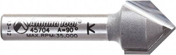 Amana Tool - 1/2" Cut Diam, 1/2" Length of Cut, 2 Flute V-Groove Edge Profile Router Bit - Carbide-Tipped, 1/4" Shank Diam, 1-5/8" OAL, Uncoated - Americas Industrial Supply