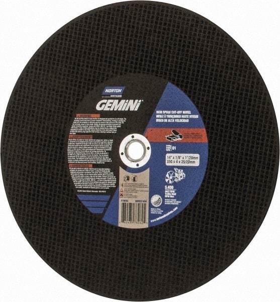 Norton - 14" Aluminum Oxide Cutoff Wheel - 1/8" Thick, 20mm Arbor, 5,400 Max RPM, Use with Angle Grinders - Americas Industrial Supply