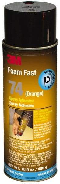 3M - 24 oz Aerosol Orange Spray Adhesive - High Tack, 170°F Heat Resistance, 40 Sq Ft Coverage, Medium Strength Bond, 15 min Max Bonding Time, Flammable, Series 74 - Americas Industrial Supply