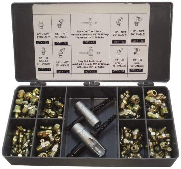 PRO-LUBE - 101 Piece, Metric, Box Plastic Steel Grease Fitting Set - Includes Metric Thread Types, Includes M10x1: (20) Straight, (5) 45°, (10) 90°, M6x1: (30) Straight, (5) 45°, (10) 90°, M8x1: (14) Straight, (5) 90° - Americas Industrial Supply