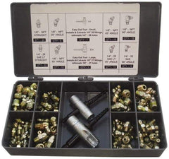 PRO-LUBE - 101 Piece, Inch, Box Plastic Steel Grease Fitting Set - Includes PTF, UNF Thread Types, Includes 1/4-28 SAE-LT: (22) Straight, (10) 45°, (10) 90°, 1/8-27 PTF: (22) Straight, (5) 30°, (10) 45°, (10) 65°, (10) 90° - Americas Industrial Supply