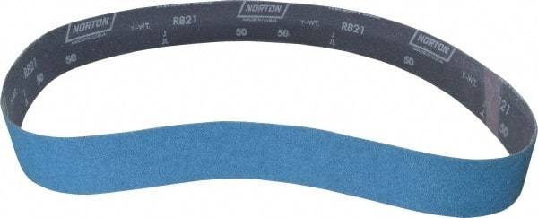 Norton - 2" Wide x 48" OAL, 50 Grit, Zirconia Alumina Abrasive Belt - Zirconia Alumina, Coarse, Coated, Y Weighted Cloth Backing, Dry, Series R821 - Americas Industrial Supply
