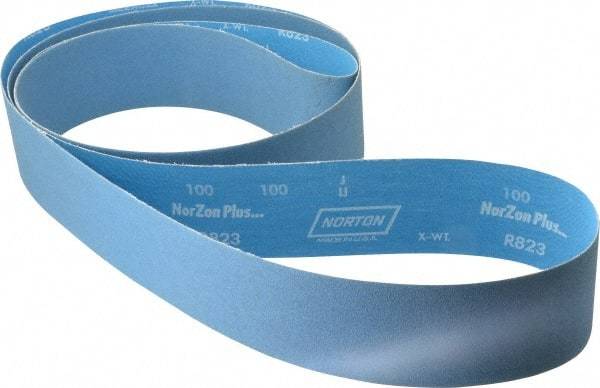 Norton - 3" Wide x 132" OAL, 100 Grit, Zirconia Alumina Abrasive Belt - Zirconia Alumina, Fine, Coated, X Weighted Cloth Backing, Series R823 - Americas Industrial Supply