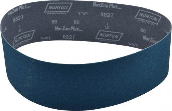 Norton - 4" Wide x 36" OAL, 80 Grit, Zirconia Alumina Abrasive Belt - Zirconia Alumina, Medium, Coated, Y Weighted Cloth Backing, Dry, Series R821 - Americas Industrial Supply