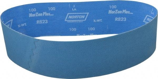 Norton - 4" Wide x 36" OAL, 100 Grit, Zirconia Alumina Abrasive Belt - Zirconia Alumina, Fine, Coated, X Weighted Cloth Backing - Americas Industrial Supply