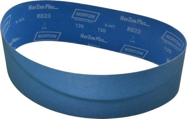 Norton - 4" Wide x 36" OAL, 120 Grit, Zirconia Alumina Abrasive Belt - Zirconia Alumina, Fine, Coated, X Weighted Cloth Backing, Series R823 - Americas Industrial Supply