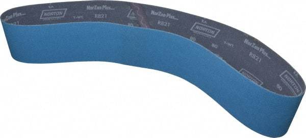 Norton - 4" Wide x 54" OAL, 80 Grit, Zirconia Alumina Abrasive Belt - Zirconia Alumina, Medium, Coated, X Weighted Cloth Backing, Series R821 - Americas Industrial Supply