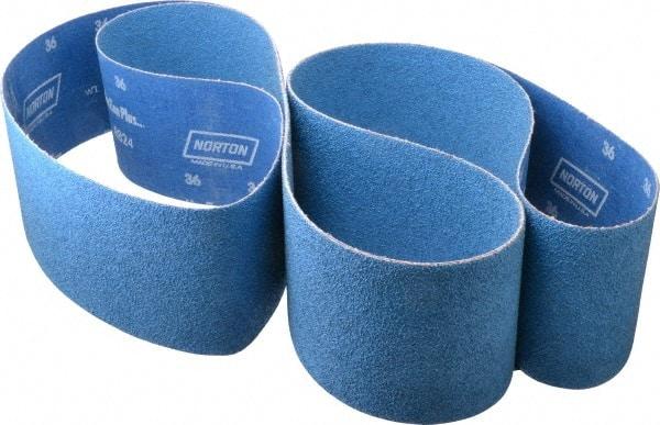 Norton - 4" Wide x 132" OAL, 36 Grit, Zirconia Alumina Abrasive Belt - Zirconia Alumina, Very Coarse, Coated, Y Weighted Cloth Backing, Series R824 - Americas Industrial Supply