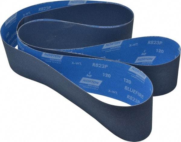 Norton - 4" Wide x 132" OAL, 120 Grit, Zirconia Alumina Abrasive Belt - Zirconia Alumina, Fine, Coated, X Weighted Cloth Backing, Series R823 - Americas Industrial Supply