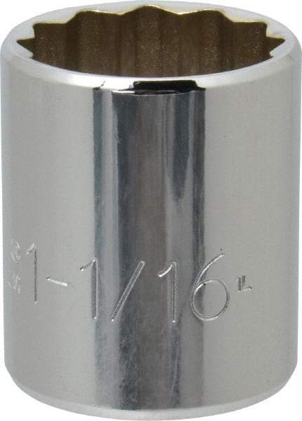 Proto - 1-1/16", 1/2" Drive, Standard Hand Socket - 12 Points, 1-5/8" OAL, Chrome Finish - Americas Industrial Supply