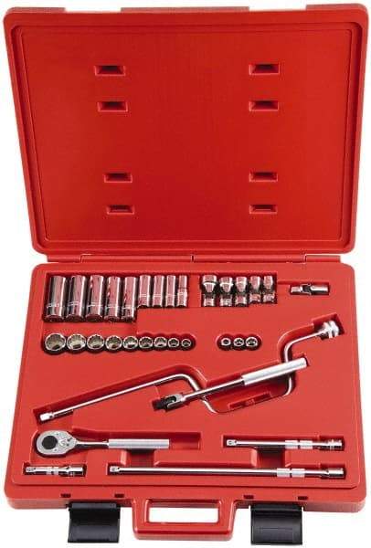Proto - 33 Piece 3/8" Drive Socket Set - 6, 8, 12 Points, 1/4" to 7/8" Range, Inch Measurement Standard - Americas Industrial Supply
