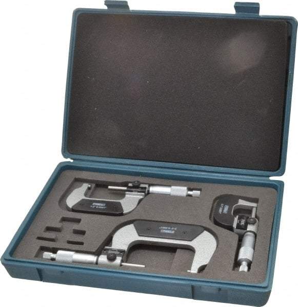 Fowler - 0 to 3" Range, 3 Piece Mechanical Outside Micrometer Set - 0.0001" Graduation, 0.00005 (0 to 1), 0.00016 (1 to 3)" Accuracy, Ratchet Stop Thimble, Carbide Tipped Face - Americas Industrial Supply