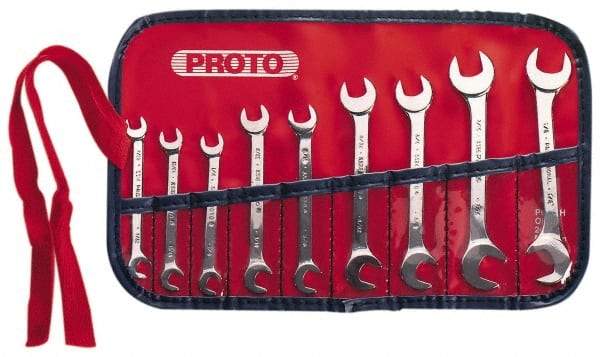 Proto - 9 Piece, 7/32" x 7/32" to 1/2" x 1/2", Open End Wrench Set - Inch Measurement Standard, Satin Finish, Comes in Nylon Roll - Americas Industrial Supply