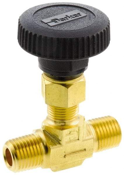 Parker - 3,000 Max psi, 3/8" Pipe, Brass, Inline Instrumentation Needle Valve - MNPT x MNPT End Connections - Americas Industrial Supply