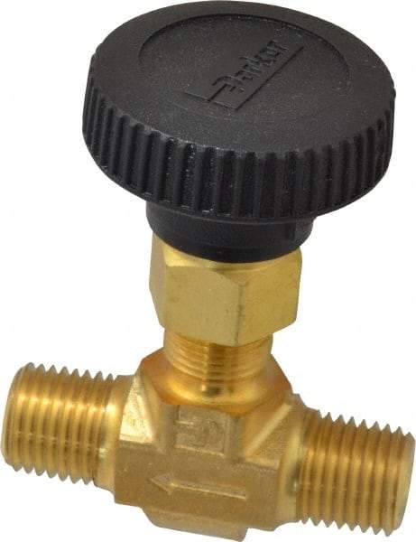 Parker - 3,000 Max psi, 1/4" Pipe, Brass, Inline Instrumentation Needle Valve - MNPT x MNPT End Connections - Americas Industrial Supply