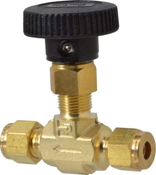 Parker - 3,000 Max psi, 1/4" Pipe, Brass, Inline Instrumentation Needle Valve - Compression x Compression CPI End Connections - Americas Industrial Supply