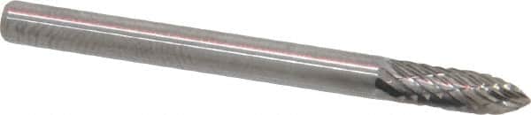 Atrax - 1/8" Cut Diam, 1/8" Shank Diam, Tree Head Double Cut Burr - Carbide, Point End, 3/8" LOC, 1-1/2" OAL - Americas Industrial Supply