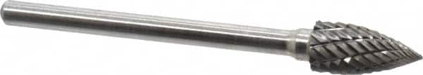 Atrax - 1/4" Cut Diam, 1/8" Shank Diam, Tree Head Double Cut Burr - Carbide, Point End, 1/2" LOC, 1-3/4" OAL - Americas Industrial Supply
