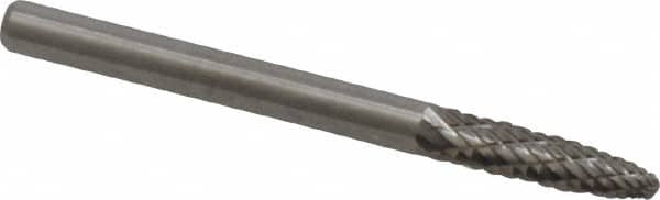 Atrax - 1/8" Cut Diam, 1/8" Shank Diam, Tree with Radius Head Double Cut Burr - Carbide, Radius End, 1/2" LOC, 1-1/2" OAL - Americas Industrial Supply