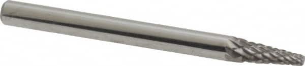 Atrax - 1/8" Cut Diam, 1/8" Shank Diam, Cone Head Double Cut Burr - Carbide, Point End, 3/8" LOC, 1-1/2" OAL - Americas Industrial Supply