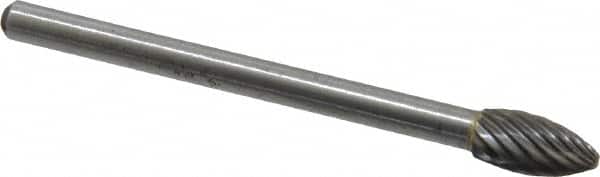 Atrax - 3/16" Cut Diam, 1/8" Shank Diam, Flame Head Single Cut Burr - Carbide, Radius End, 3/8" LOC, 1-1/2" OAL - Americas Industrial Supply