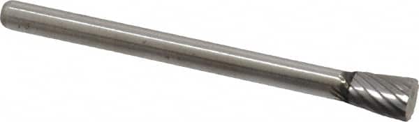 Atrax - 3/16" Cut Diam, 1/8" Shank Diam, Inverted Cone Head Single Cut Burr - Flat End, 1/4" LOC, 1-1/2" OAL - Americas Industrial Supply