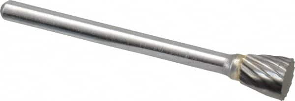 Atrax - 1/4" Cut Diam, 1/8" Shank Diam, Inverted Cone Head Single Cut Burr - Flat End, 1/4" LOC, 1-1/2" OAL - Americas Industrial Supply