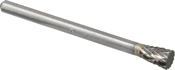 Atrax - 3/16" Cut Diam, 1/8" Shank Diam, Inverted Cone Head Double Cut Burr - Flat End, 1/4" LOC, 1-1/2" OAL - Americas Industrial Supply