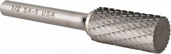Atrax - 1/2" Cut Diam, 1/4" Shank Diam, Cylinder Head Double Cut Burr - Carbide, Flat End, 1" LOC, 2-3/4" OAL - Americas Industrial Supply