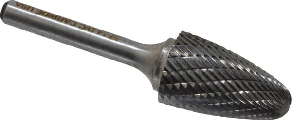 Atrax - 3/4" Cut Diam, 1/4" Shank Diam, Tree with Radius Head Double Cut Burr - Carbide, Radius End, 1-1/4" LOC, 3" OAL - Americas Industrial Supply